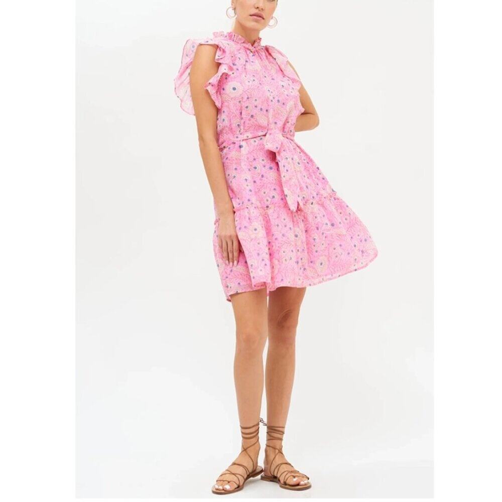Oliphant Flirty Ruffle Hem Carolina Pink Cotton Block Print Dress Tuckernuck Med